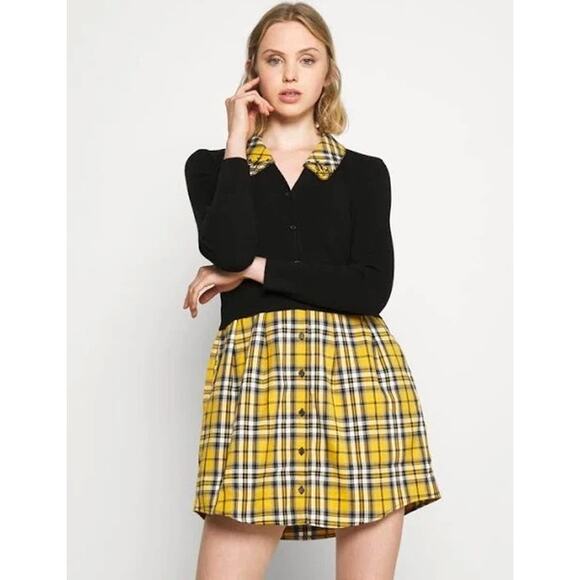 Maje Yellow Tartan Trompe L’Oeil Sweater Dress 6 Mini Plaid Grunge Collared EUC - Picture 5 of 16